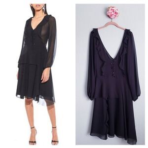 A.O.T.C Sexy Black Sheer Peekaboo Ruffle Long Sleeve Dress